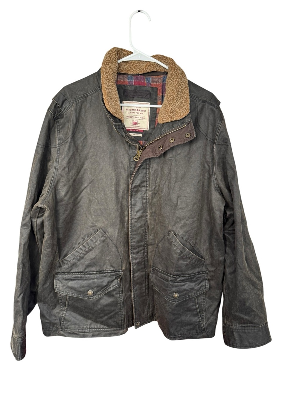 Fatface Plaid Lined Zip-Up Shearling Collar Waxed Jacket XXL